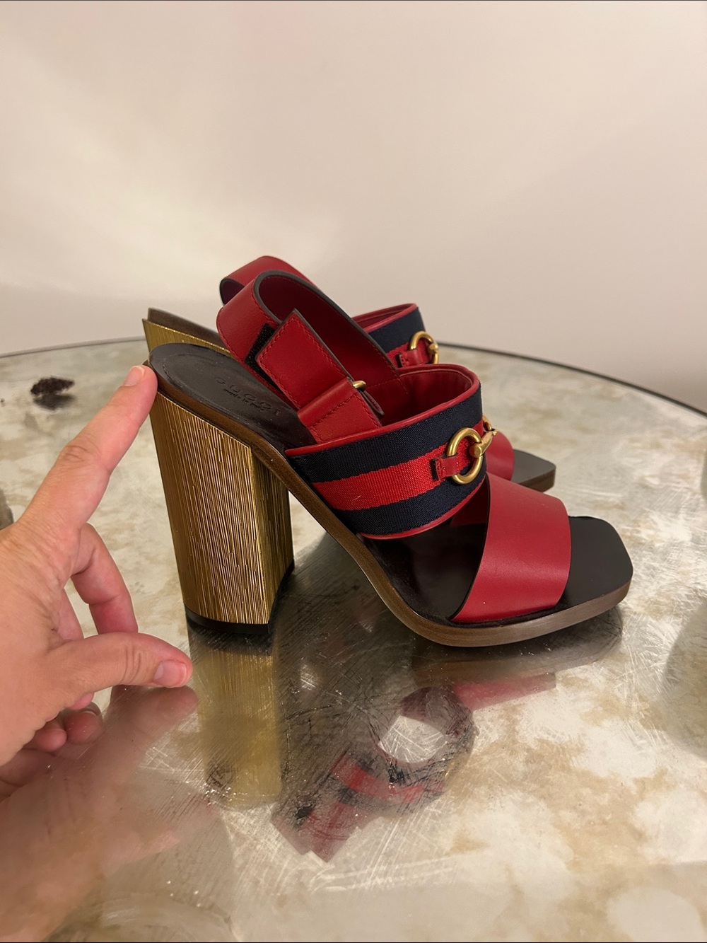 Gucci Red Leather and Navy Web Horsebit Sandals - Picture 7 of 7